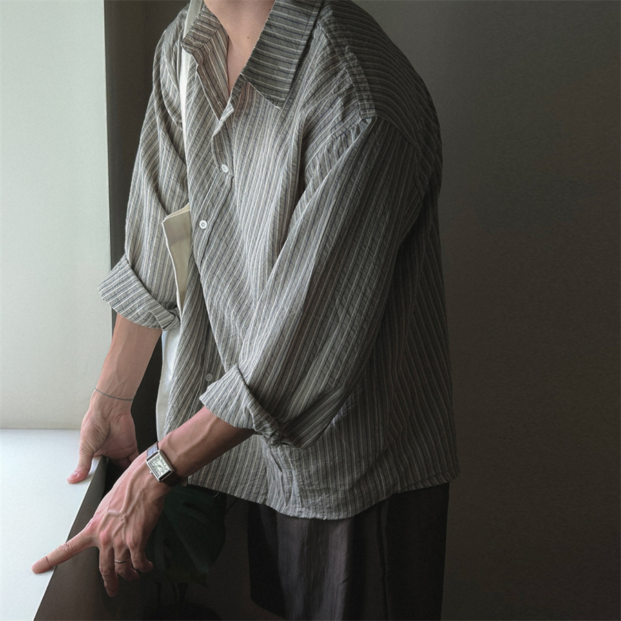 MRDONG韩国男装代购夏季褶皱感设计师混色竖条纹防晒宽松长袖衬衫