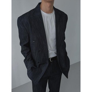 MRDONG韩国代购男装牛仔双排扣修身德宁西装外套复古廓形剪裁气质