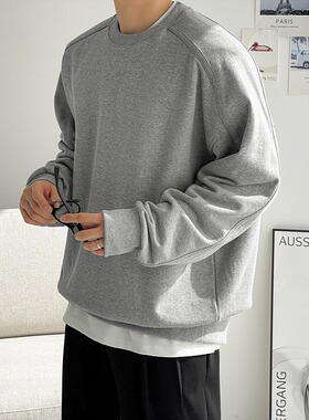 MRDONG韩国代购男装压线插肩圆领卫衣落肩廓形垫肩设计炭灰高级感