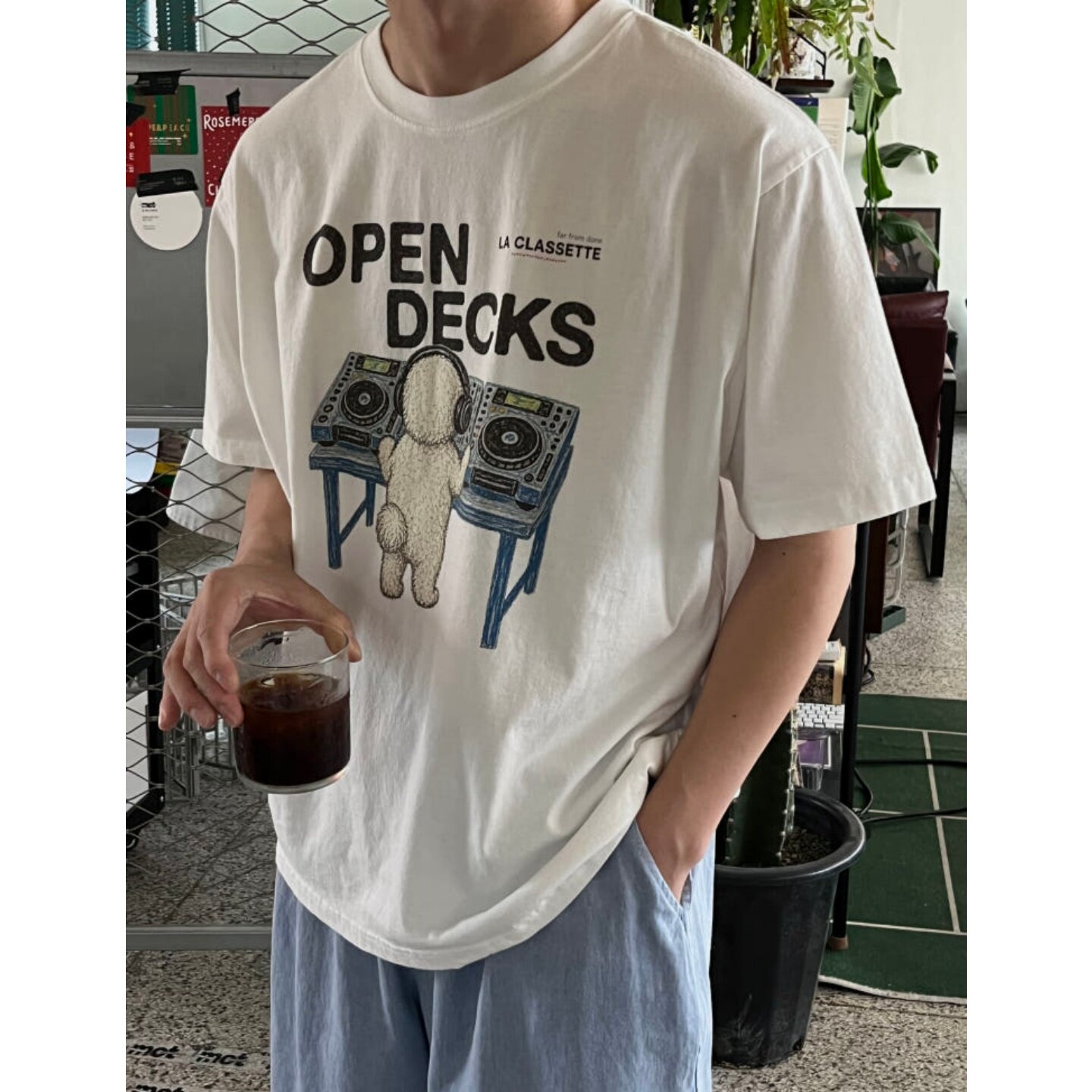 MRDONG韩国代购东大门男装开放唱盘小熊DJ宽松短袖T恤潮流减龄款