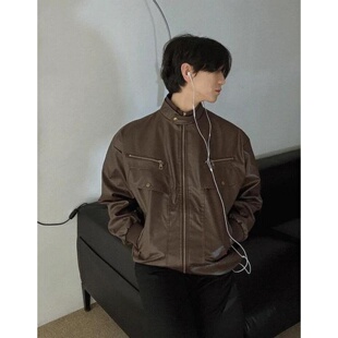 机车高街男女潮外套 复古立领多袋皮衣夹克短款 MRDONG韩国代购 男装