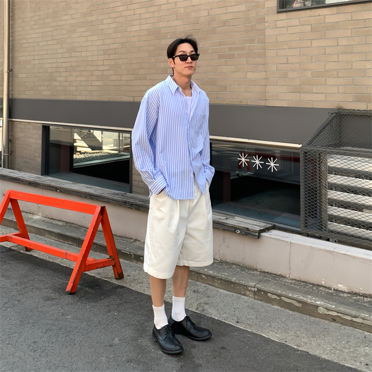 韩国男装代购直播DEEF轻薄泡泡纱纹理清新竖条纹夏季宽松长袖衬衫