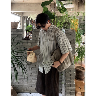 MRDONG韩国代购东大门男装达米安亚麻条纹度假风落肩阔版短袖衬衫