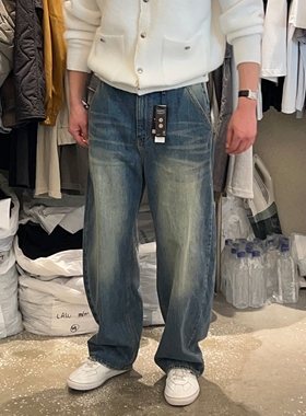 韩国男装代购直播SLOWER高档秋冬抓绒复古三色重工宽松直筒牛仔裤