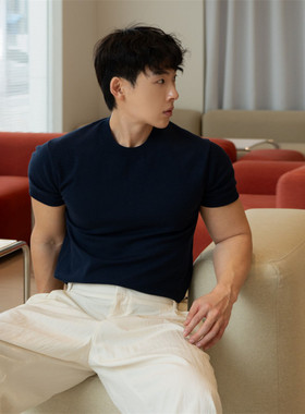 韩国男装高档法国人造丝修身T恤