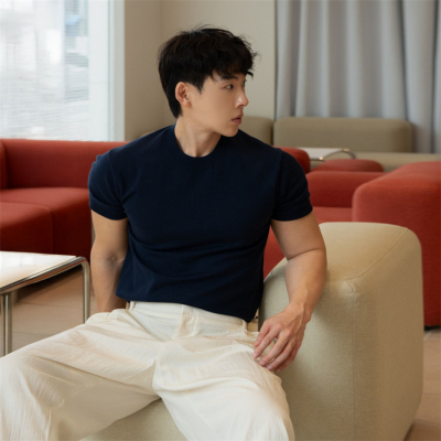 韩国男装高档法国人造丝修身T恤