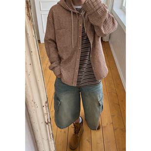 韩国男装代购直播福利秒杀run设计师连帽格纹春长袖衬衫防晒外套