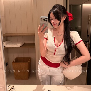 修身 十三行KIYOMI2026夏新款 针织衫 气质V领短袖 假两件上衣女 韩版