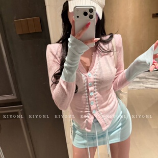 显瘦短款 十三行KIYOMI2026春新款 针织衫 多巴胺V领长袖 上衣女 韩版