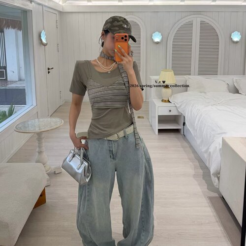 韩版涤纶套头假两件短袖T恤女