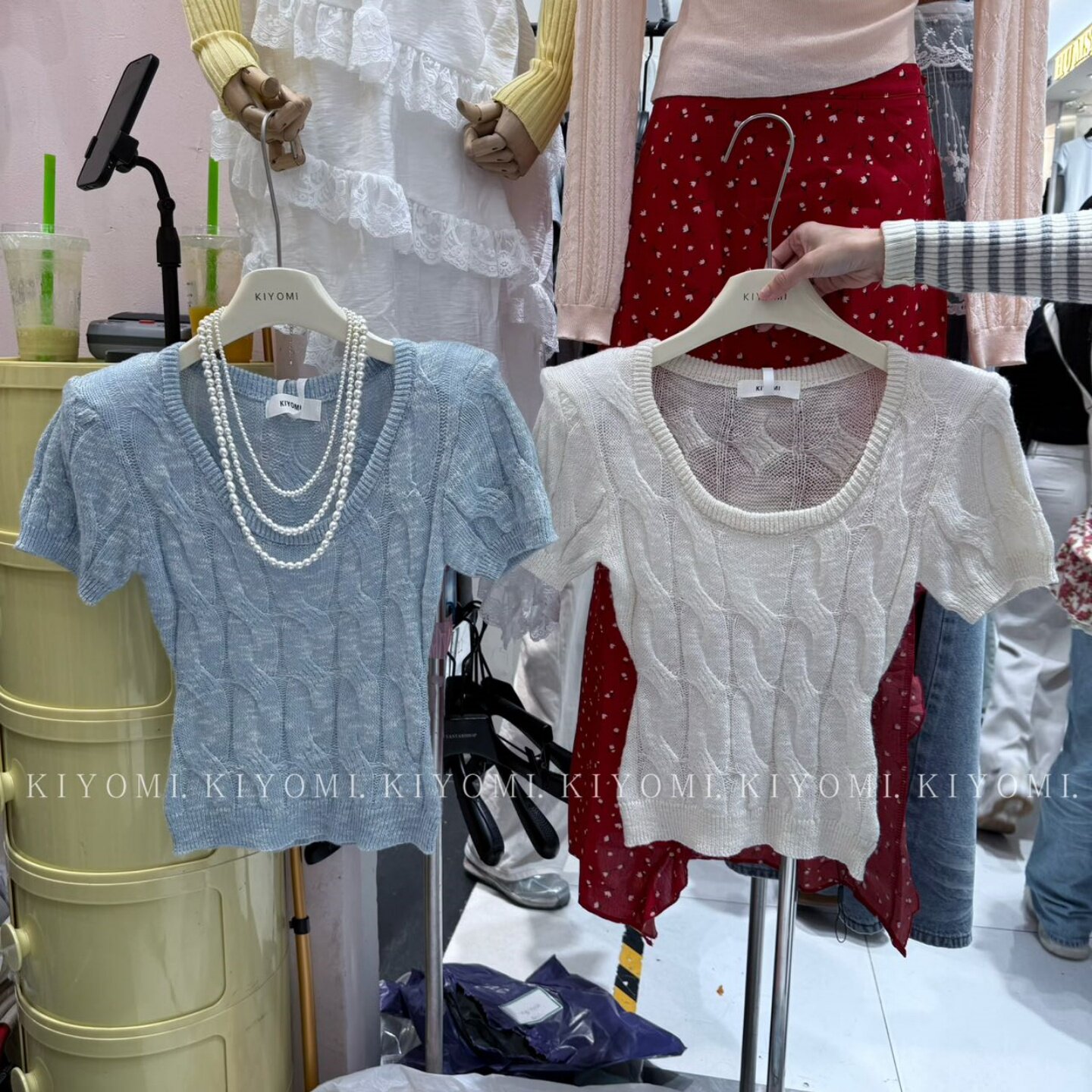 十三行KIYOMI2026夏季韩版气质U领短袖针织衫修身麻花短款上衣女