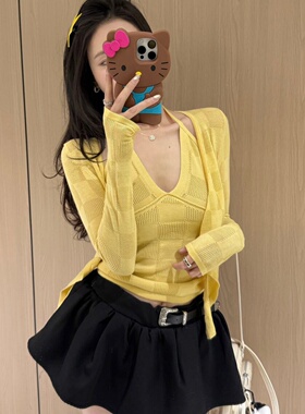 TIMI2026春季新款纯欲辣妹挂脖吊带背心短款长袖针织开衫两件套女