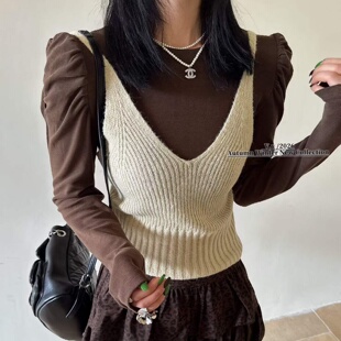 V.V2026秋季新款韩版气质泡泡袖圆领T恤女针织吊带背心外穿两件套