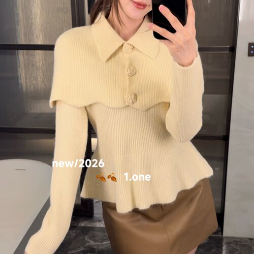 涤纶套头V领针织衫斗篷两件套女