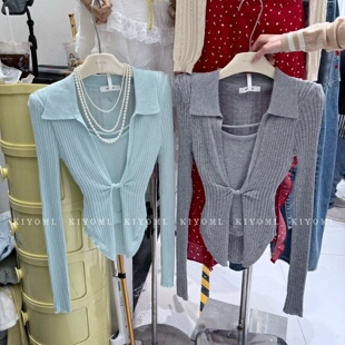 显瘦短款 十三行KIYOMI2026春新款 针织衫 翻领假两件长袖 上衣女 韩版