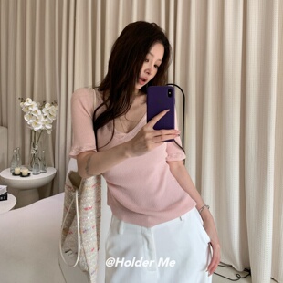 韩版 显瘦短款 V领半袖 女修身 上衣 针织衫 十三行HOLDER2026春夏新款