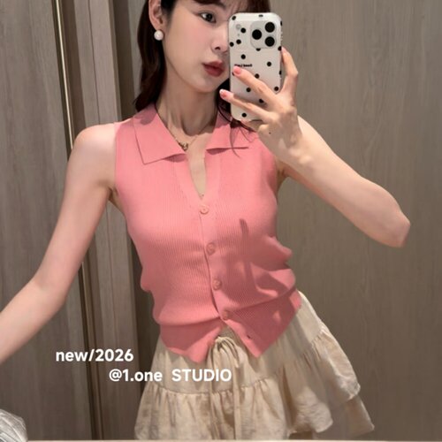 涤纶套头翻领针织背心女