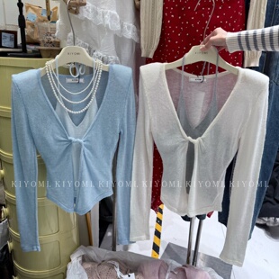 短款 十三行KIYOMI2026春新款 针织衫 挂脖V领假两件长袖 上衣女 韩版