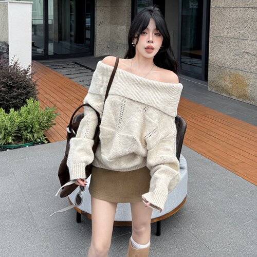 涤纶套头一字领长袖针织衫女