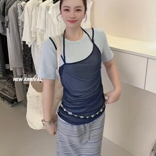 V.V2026夏季新款韩版气质圆领短袖T恤女拼接网纱假两件短款上衣