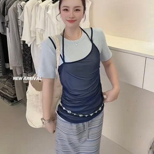 韩版气质圆领假两件短袖T恤女