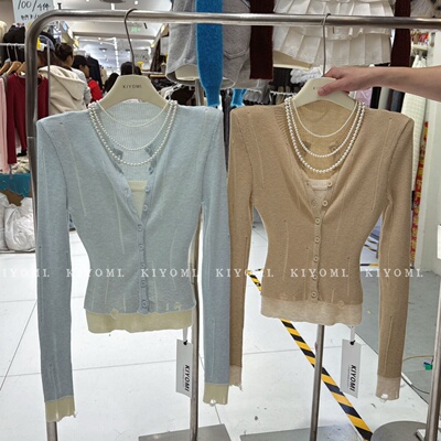 涤纶套头V领假两件长袖针织衫女