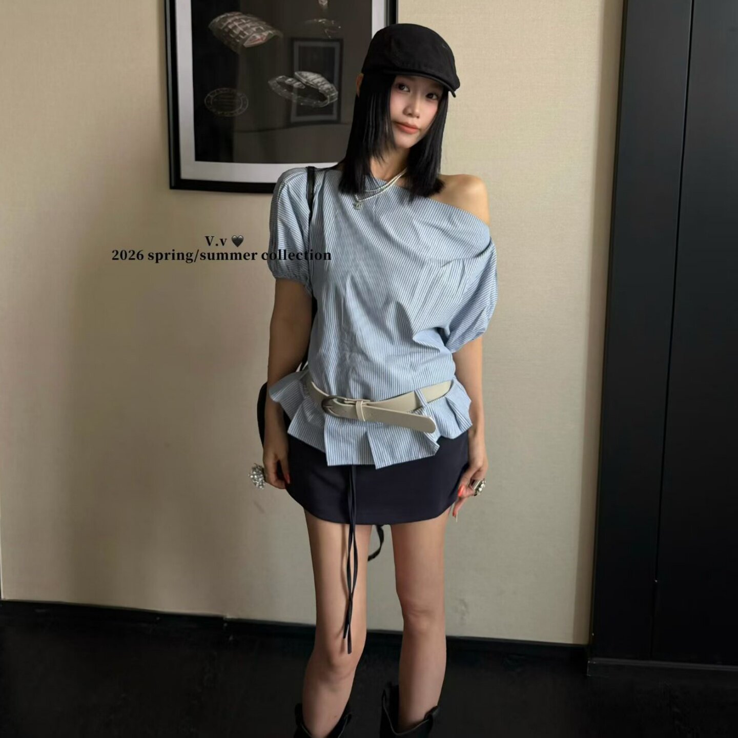 V.V2026夏新款韩版条纹斜领露肩短袖衬衫女松紧腰百搭包臀半身裙