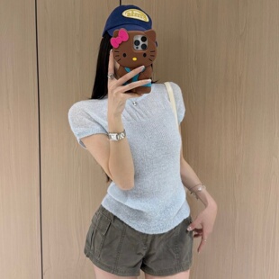 气质圆领短袖 韩版 针织衫 女修身 上衣 TIMI2026夏季 显瘦套头短款 新款