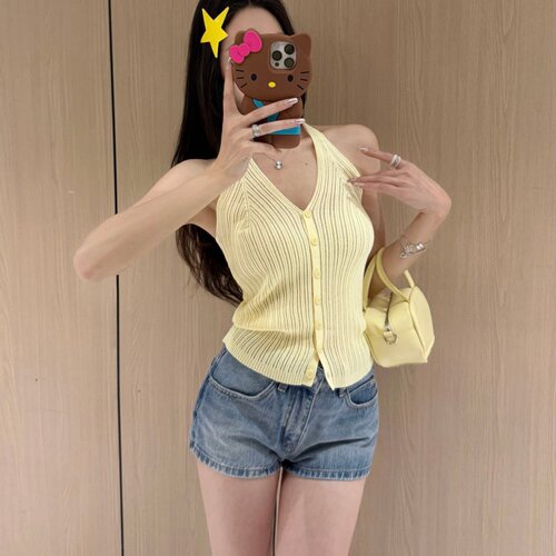 涤纶套头挂脖V领针织背心女