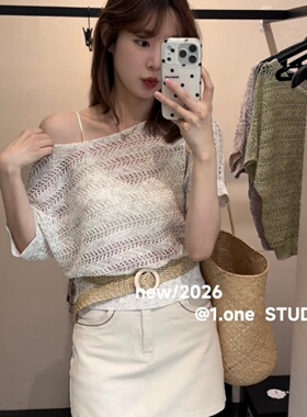 1ONE2026夏季新款纯欲辣妹圆领短袖针织衫女镂空短款上衣配腰带