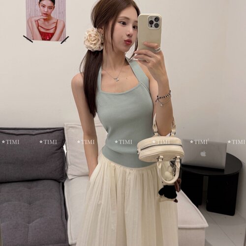 涤纶套头挂脖针织背心女