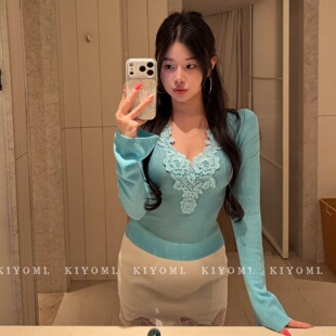 针织衫 纯欲辣妹玫瑰蕾丝显瘦V领长袖 女 新款 十三行KIYOMI2026春季