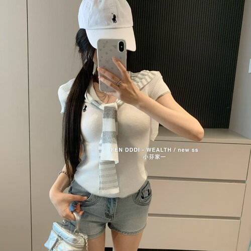 涤纶套头圆领短袖针织衫配披肩女