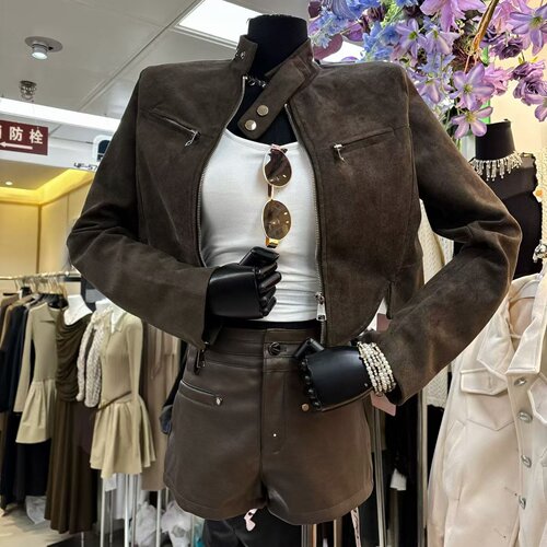 韩版气质鹿皮绒长袖短款外套女