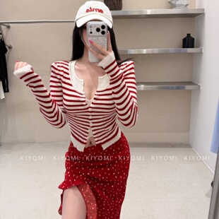 针织衫 十三行KIYOMI2026春新款 长袖 气质V领条纹假两件短款 女 韩版