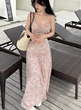 ALA2026夏新款纯欲辣妹露背碎花长裙女收腰显瘦度假风吊带连衣裙