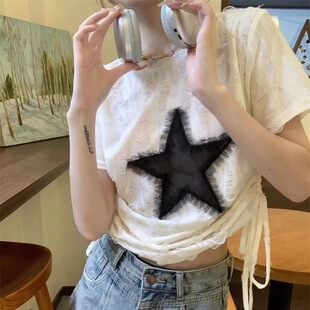 甜辣妹抽绳短袖t恤衫女早春2026新款设计感小众宽松美式短款上衣