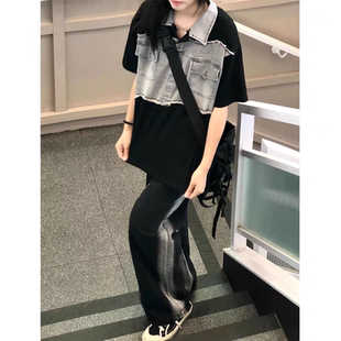 上衣 国潮牌美式 复古牛仔拼接polo衫 短袖 t恤女小众设计感纯棉夏季