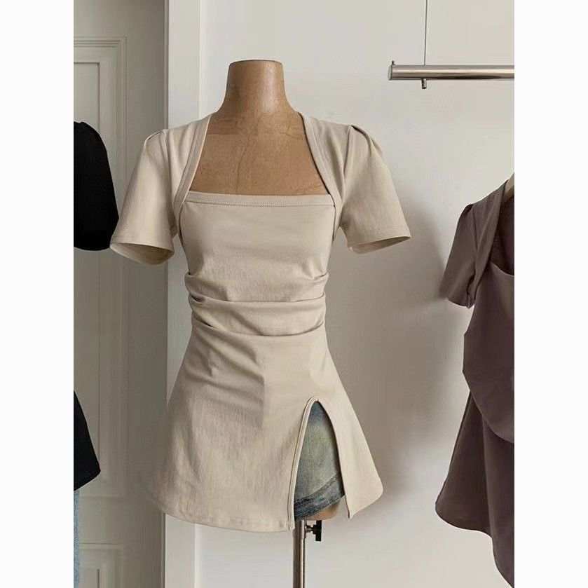 2025新款不规则ins风开叉短袖T恤女夏季设计感纯欲风气质方领上衣