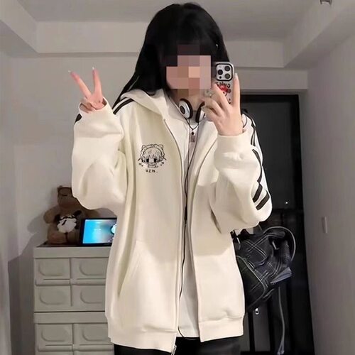 日式新款三杠外套女生卡通盐系甜美印花宽松学生春秋BF原宿风外套