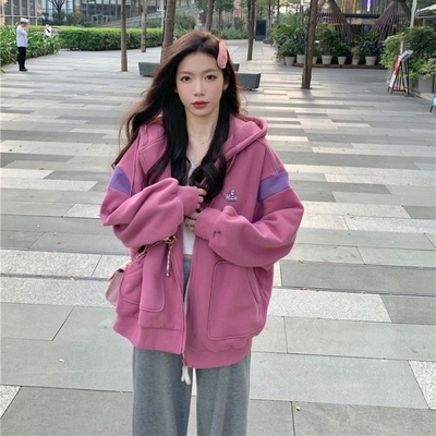 美式胖妹妹大码外套秋季拼色连帽卫衣宽松美拉德穿搭慵懒风冬加绒