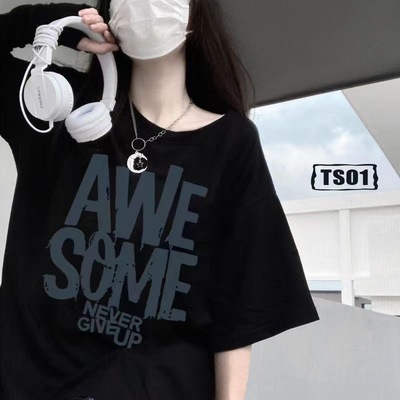慵懒风简约百搭韩版宽松学生黑色显瘦圆领短袖T恤女休闲印花上衣