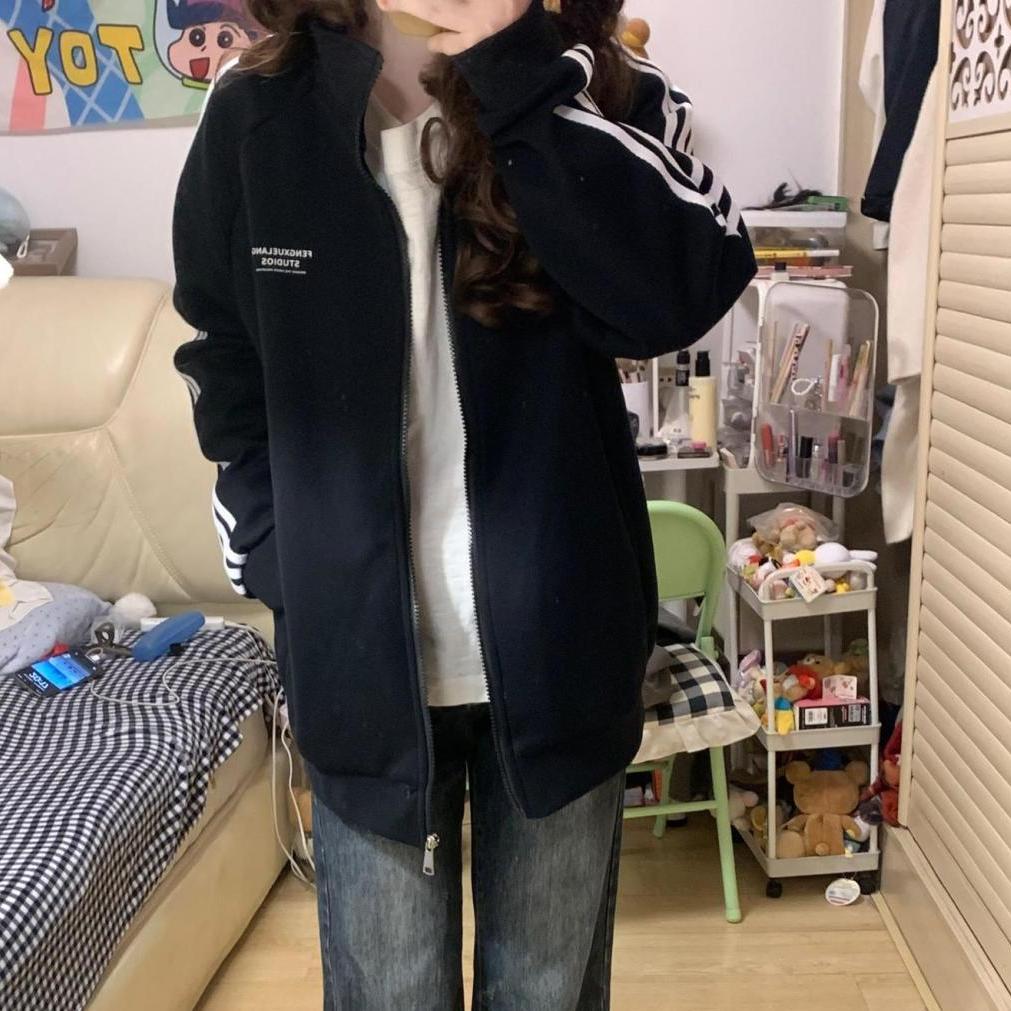 美式复古三条立领卫衣外套女2026春季新款宽松设计学生情侣装开衫