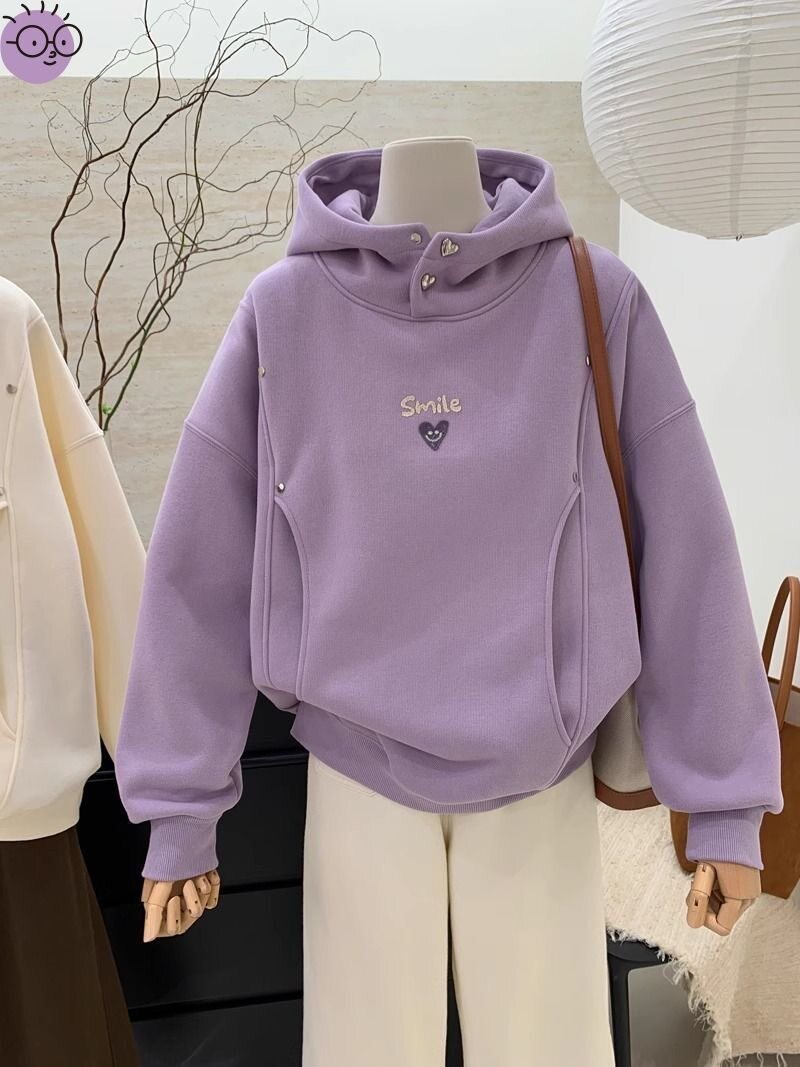 高级感超好看紫色连帽卫衣女秋冬季加绒加厚慵懒风爆款小个子上衣