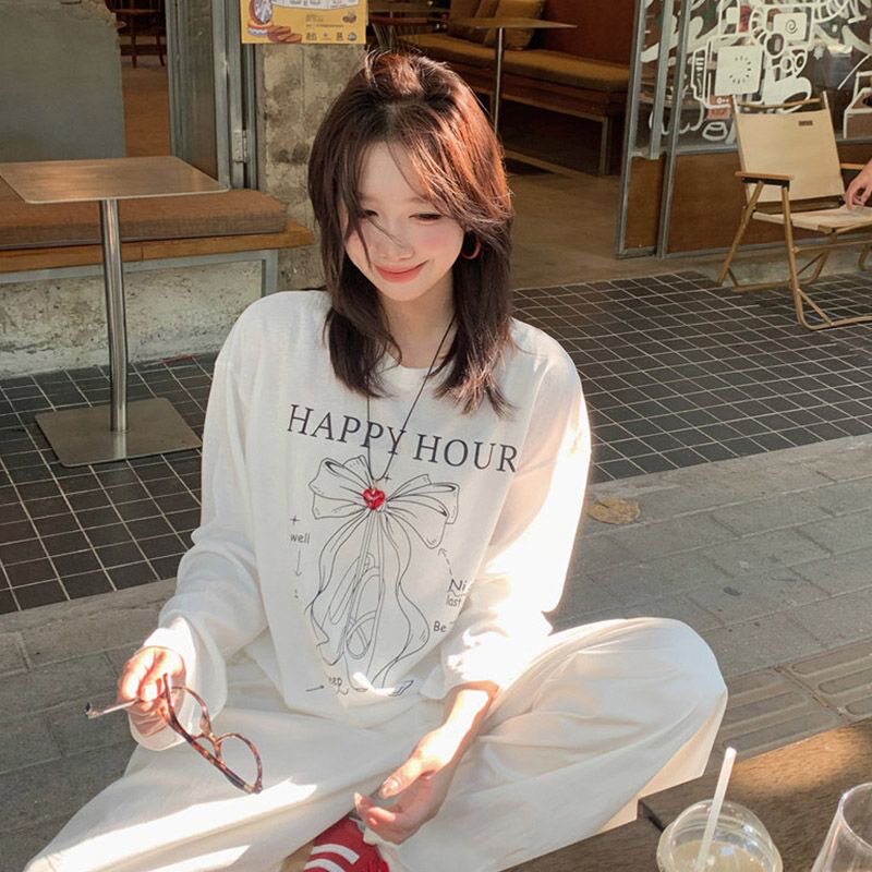 慵懒风薄款印花斜肩白色长袖T恤女夏季微透宽松显瘦罩衫百搭上衣