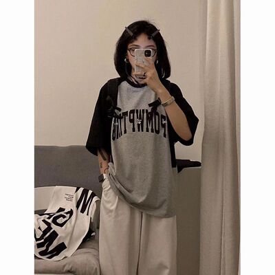 美式拼色短袖t恤女夏宽松bf慵懒风港味chic复古设计感插肩袖上衣