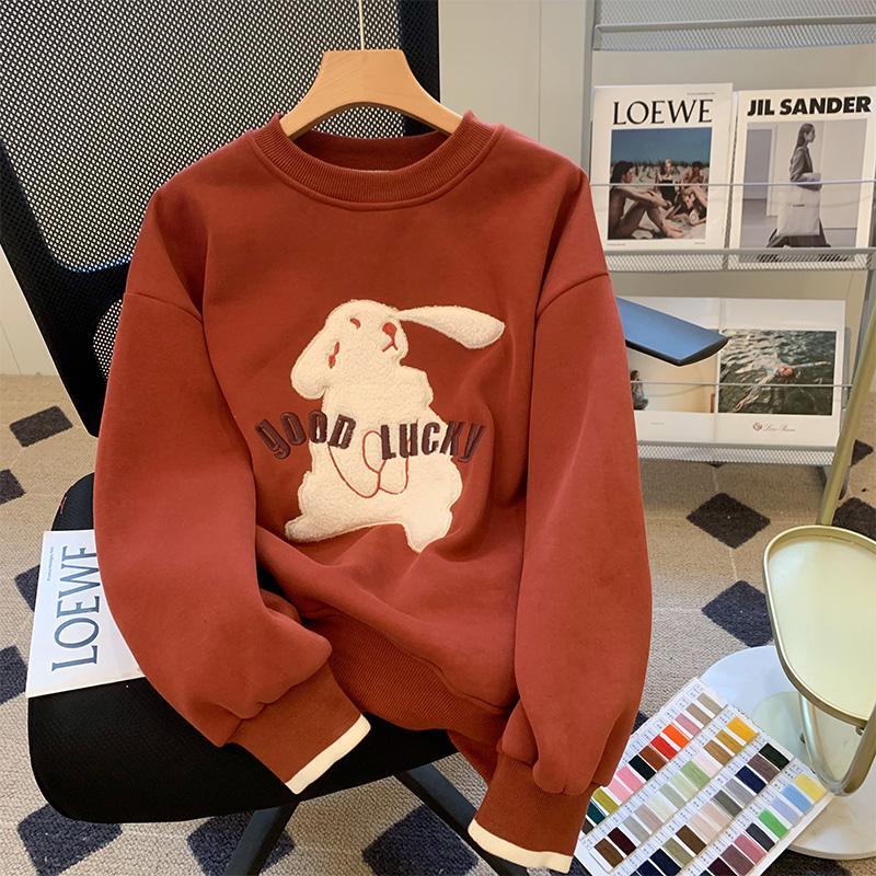 2025春秋薄款圆领小兔子不加绒长袖T恤休闲上衣大码女装卫衣百搭