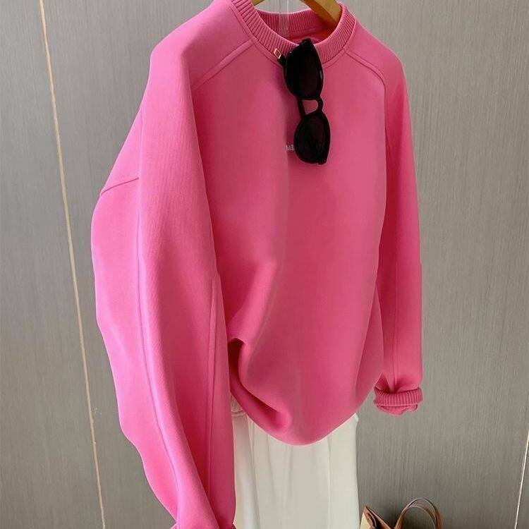 纯色加绒玫红色卫衣女2025秋冬新款慵懒风圆领印花ins百搭上衣潮,女装/女士精品,卫衣/绒衫,淘宝优惠券,粉丝福利购,淘宝优惠卷