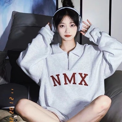 爆款美式polo宽松领卫衣卫衣秋冬新款百搭女款加绒加厚拉链上衣