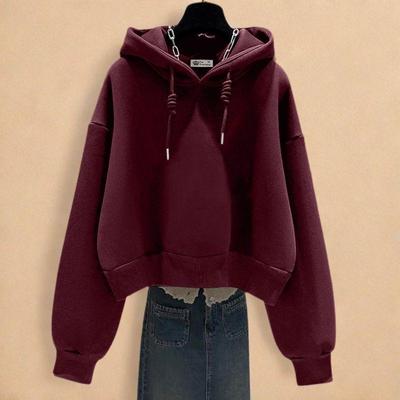 2025新款安哥拉红短款连帽卫衣女纯色休闲加绒加厚时尚洋气春秋冬